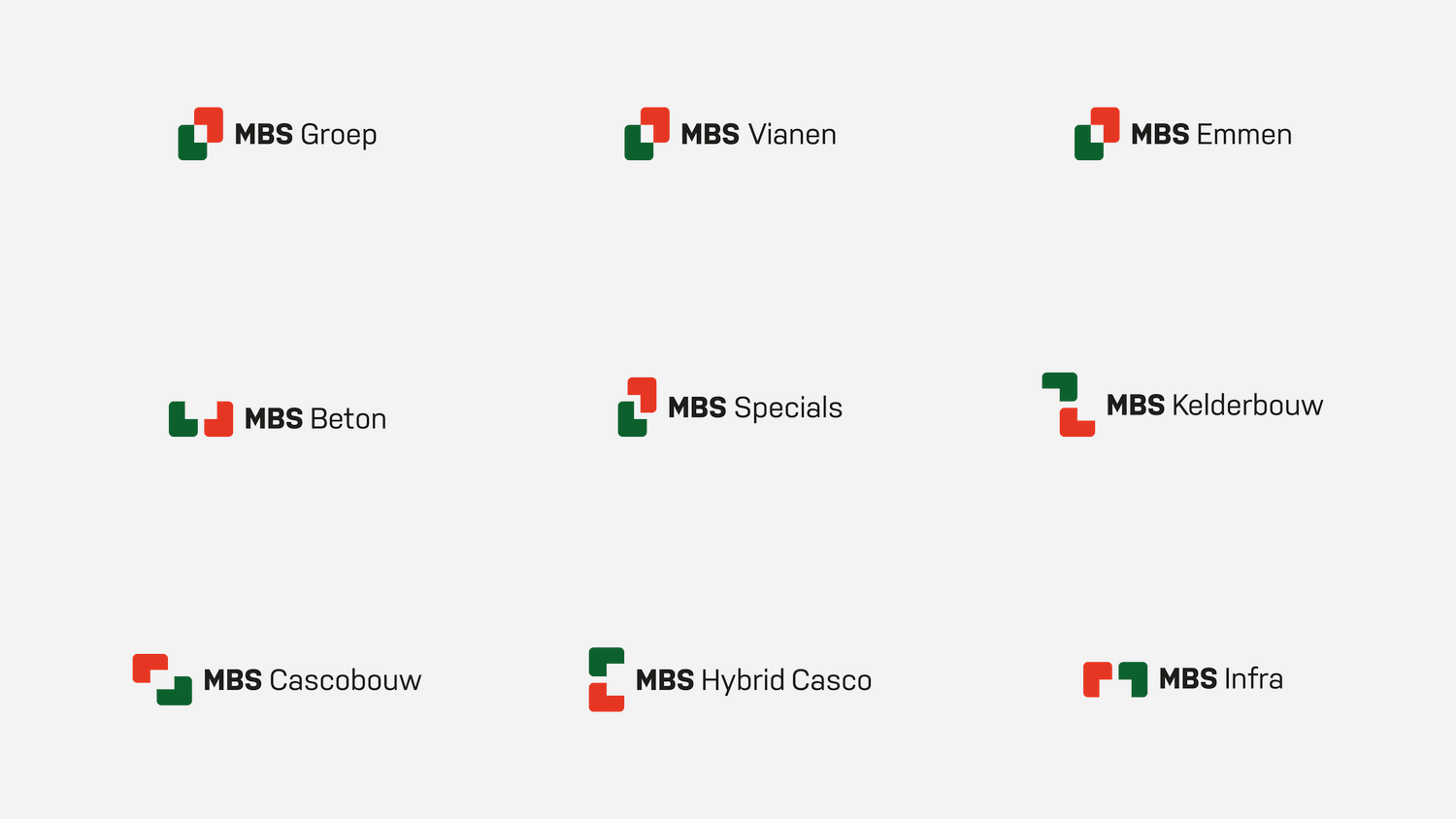 Logo-overzicht en merkarchitectuur voor MBS Groep door creatief bureau Publiek